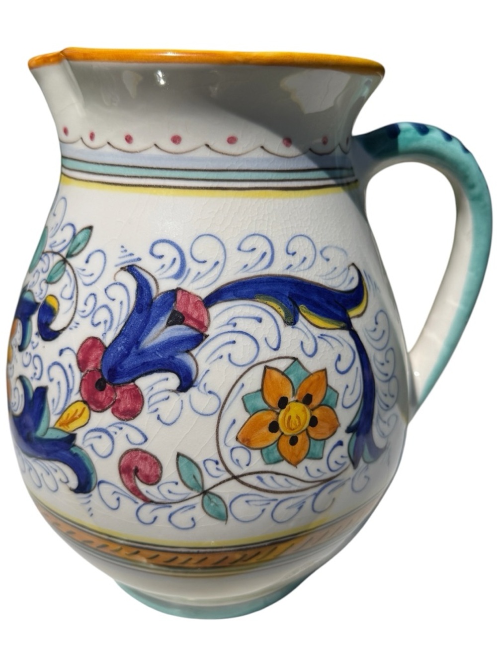 VTG Sur La Table Italian Ceramic Pitcher Hand Painted Blue Floral Majolica Vase - Picture 3 of 10